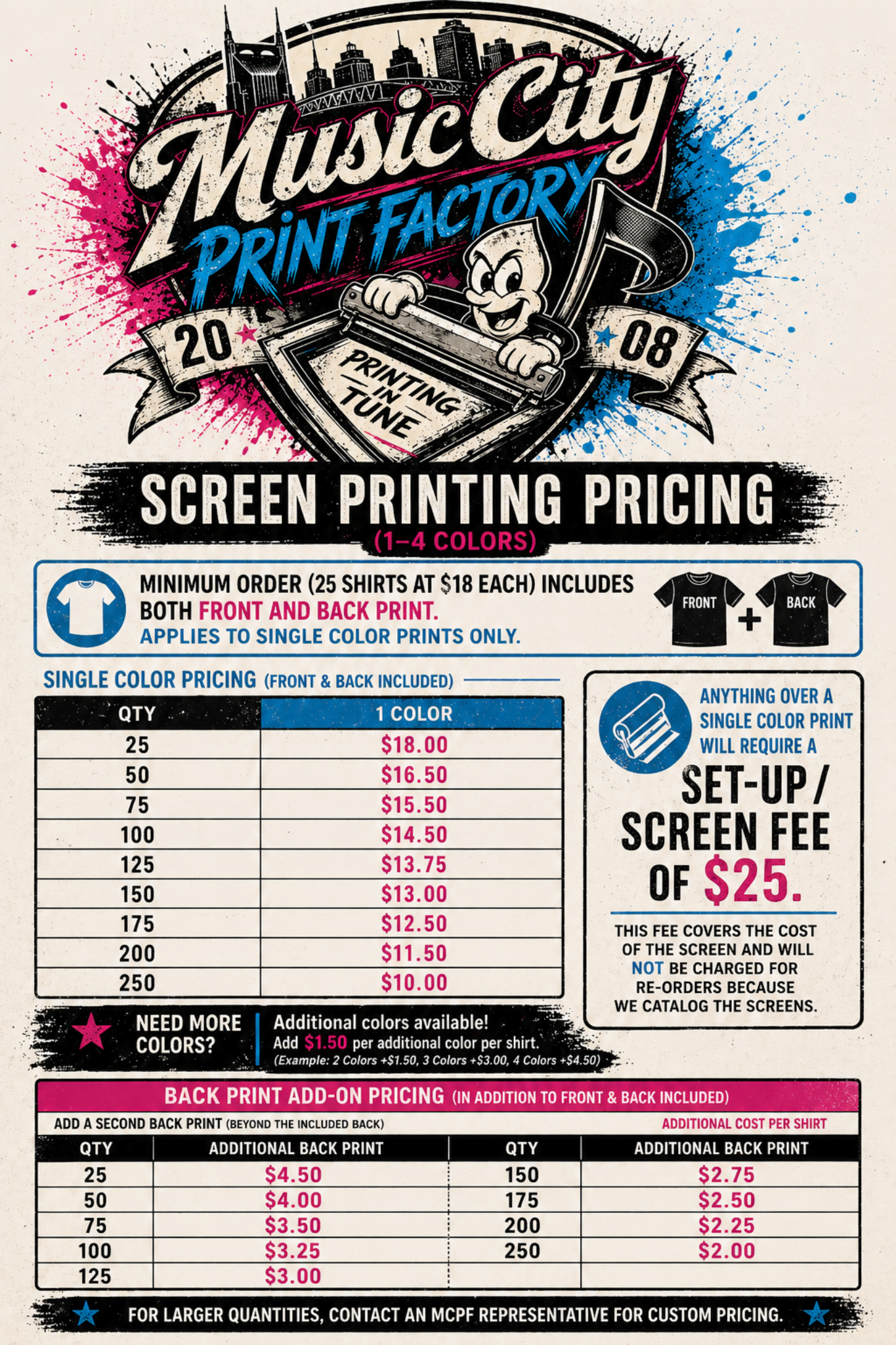 Music City Print Factory screen printing pricing chart