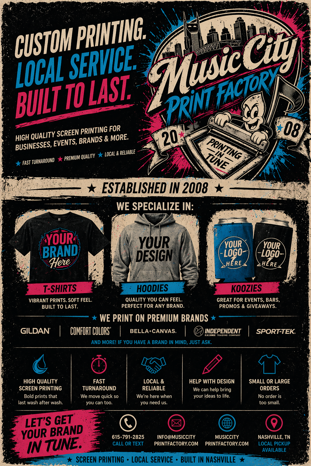 Music City Print Factory promotional poster showing custom printing on shirts, hoodies, and koozies.